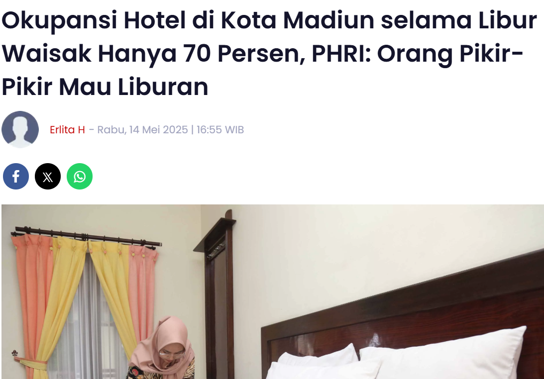 Okupansi Hotel di Kota Madiun selama Libur Waisak Hanya 70 Persen, PHRI: Orang Pikir-Pikir Mau Liburan