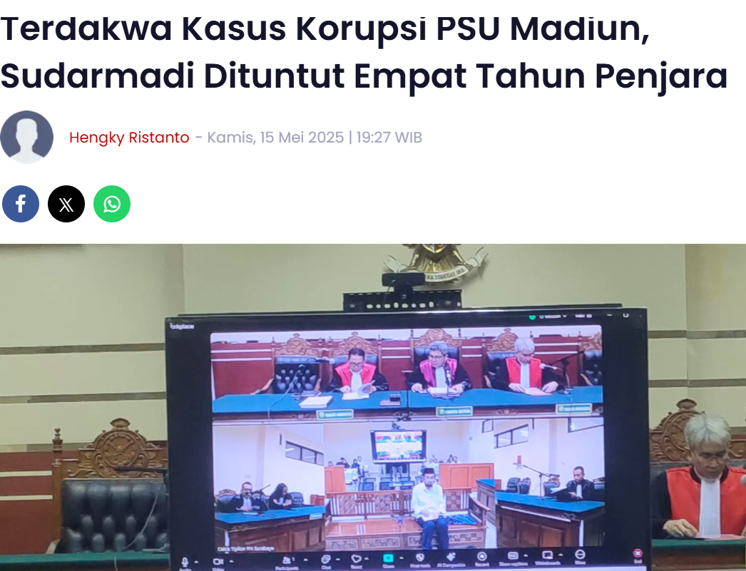 Terdakwa Kasus Korupsi PSU Madiun, Sudarmadi Dituntut Empat Tahun Penjara