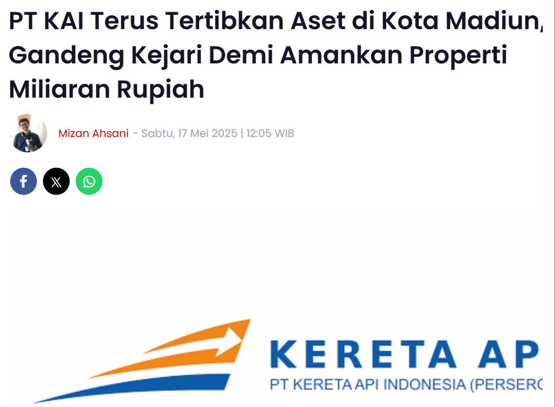 PT KAI Terus Tertibkan Aset di Kota Madiun, Gandeng Kejari Demi Amankan Properti Miliaran Rupiah