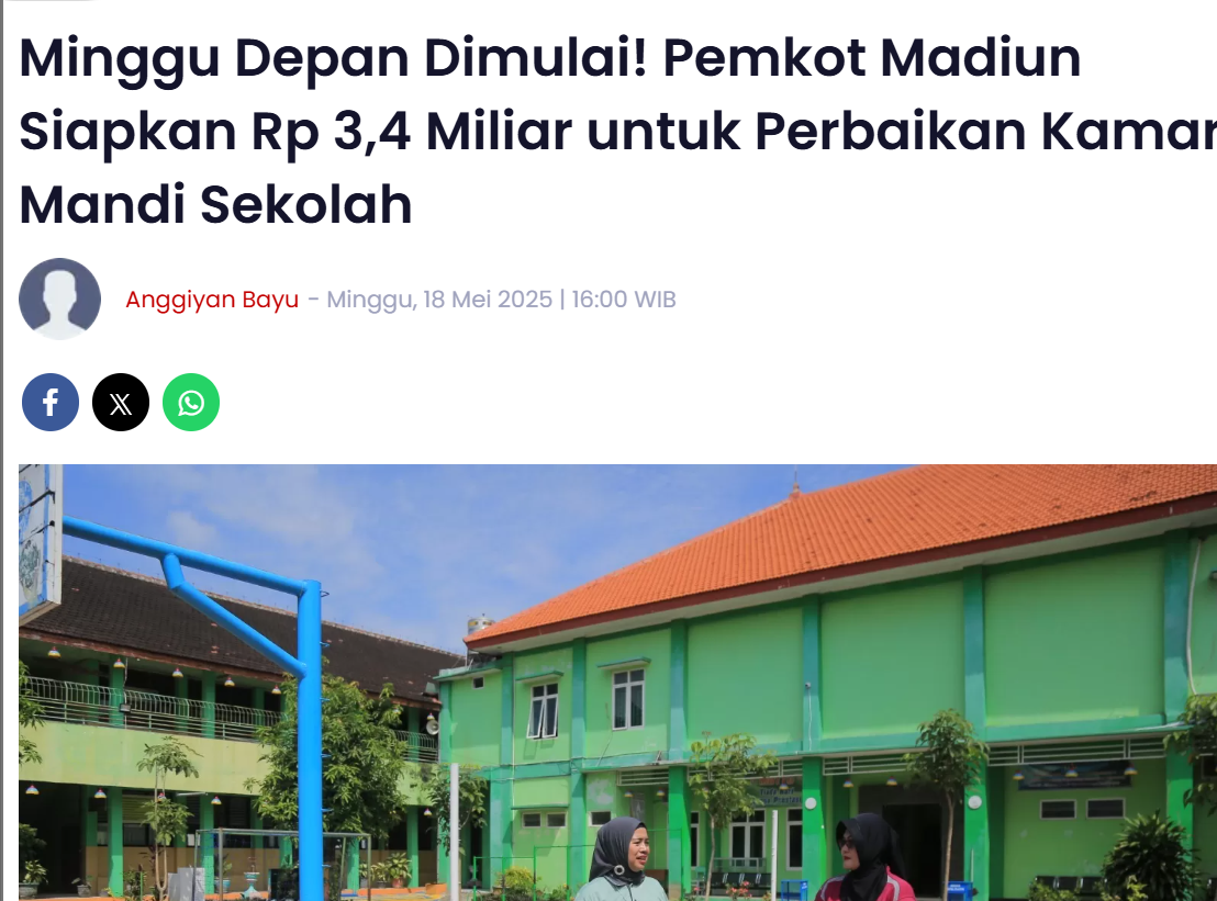 Minggu Depan Dimulai, Pemkot Madiun Siapkan Rp 3,4 Miliar untuk Perbaikan Kamar Mandi Sekolah