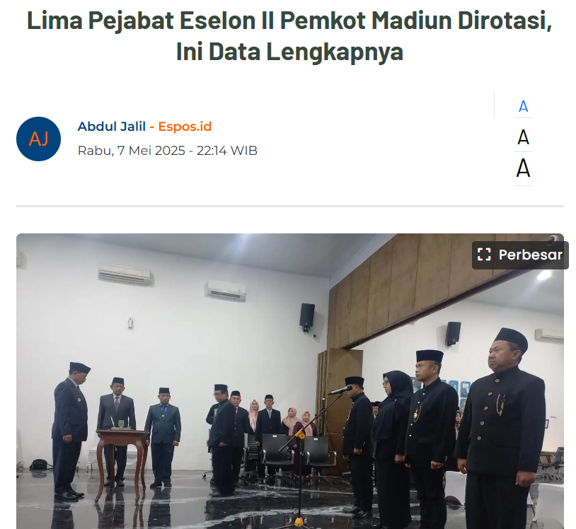 Lima Pejabat Eselon II Pemkot Madiun Dirotasi, Ini Data Lengkapnya
