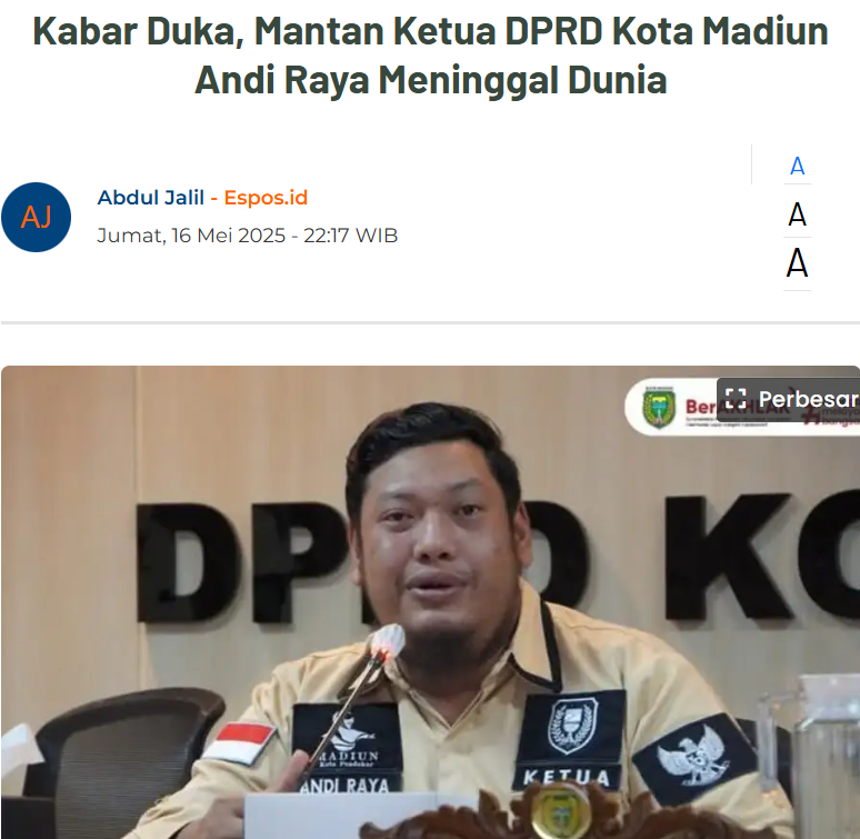 Kabar Duka, Mantan Ketua DPRD Kota Madiun Andi Raya Meninggal Dunia