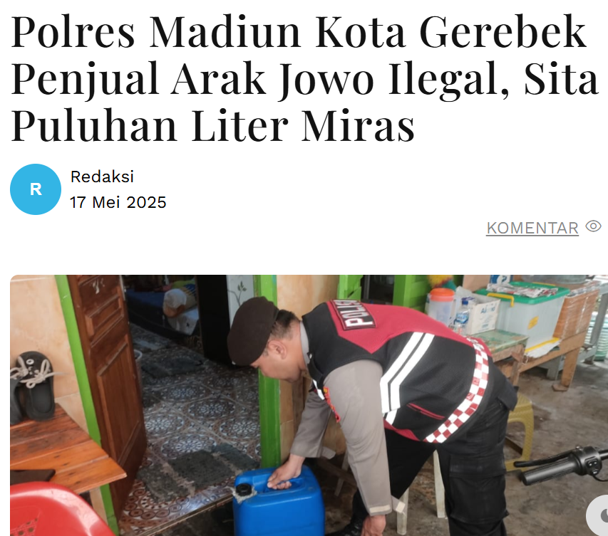 Polres Madiun Kota Gerebek Penjual Arak Jowo Ilegal, Sita Puluhan Liter Miras