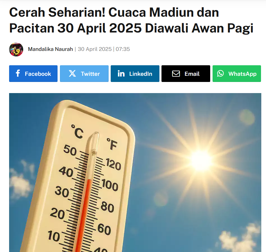 Cerah Seharian! Cuaca Madiun dan Pacitan 30 April 2025 Diawali Awan Pagi