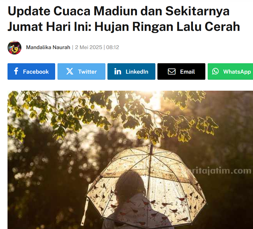 Update Cuaca Madiun dan Sekitarnya Jumat Hari Ini: Hujan Ringan Lalu Cerah