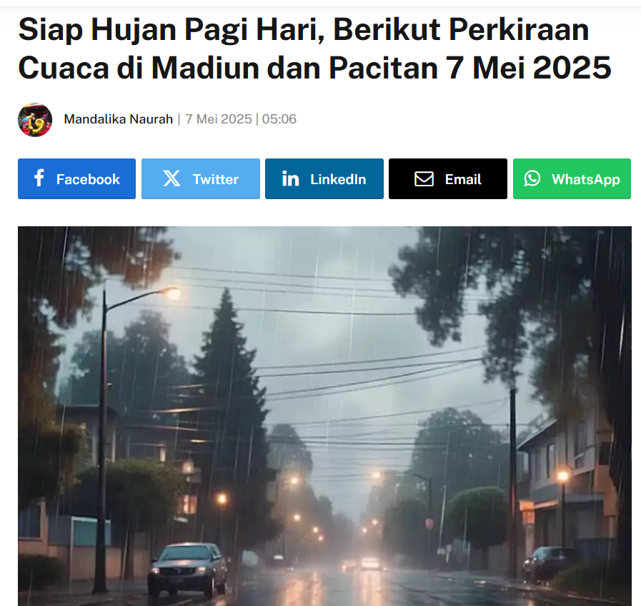 Siap Hujan Pagi Hari, Berikut Perkiraan Cuaca di Madiun dan Pacitan 7 Mei 2025