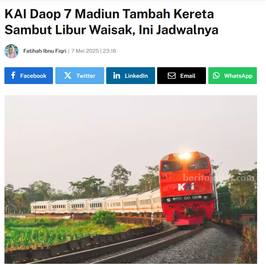 KAI Daop 7 Madiun Tambah Kereta Sambut Libur Waisak, Ini Jadwalnya