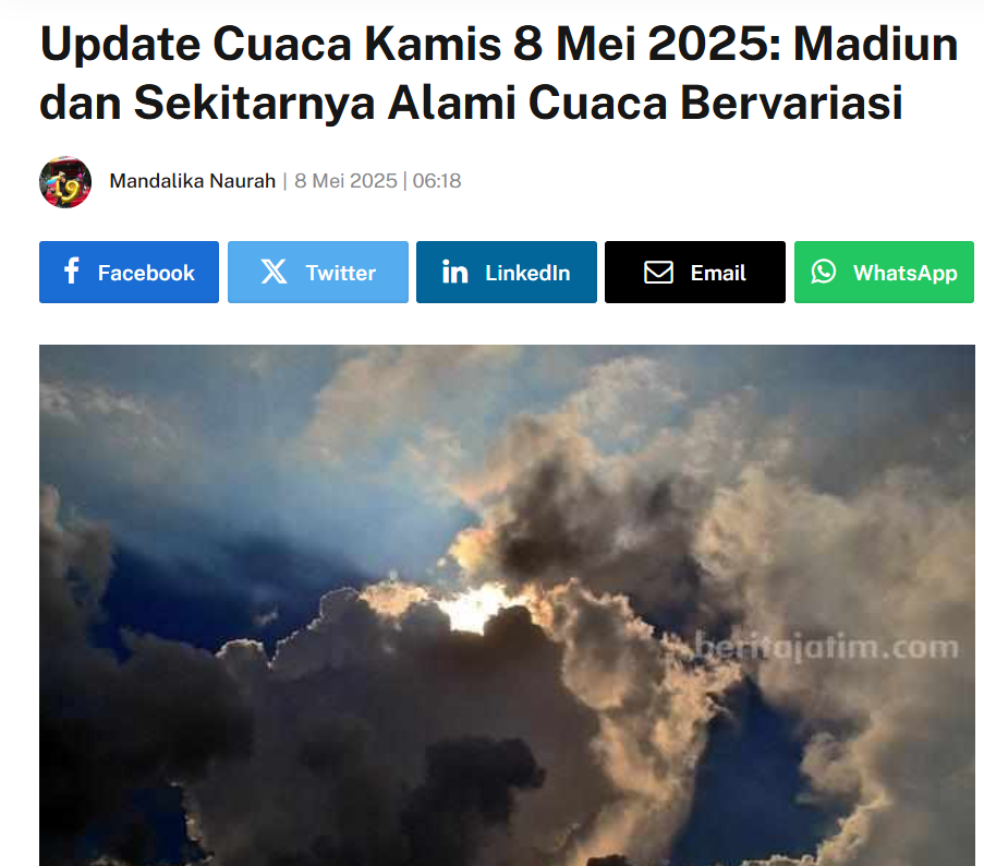 Update Cuaca Kamis 8 Mei 2025, Madiun dan Sekitarnya Alami Cuaca Bervariasi