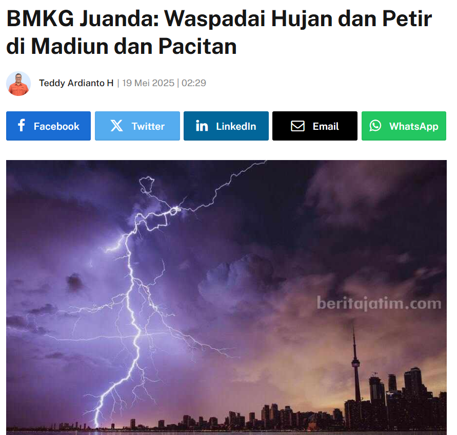 BMKG Juanda: Waspadai Hujan dan Petir di Madiun dan Pacitan