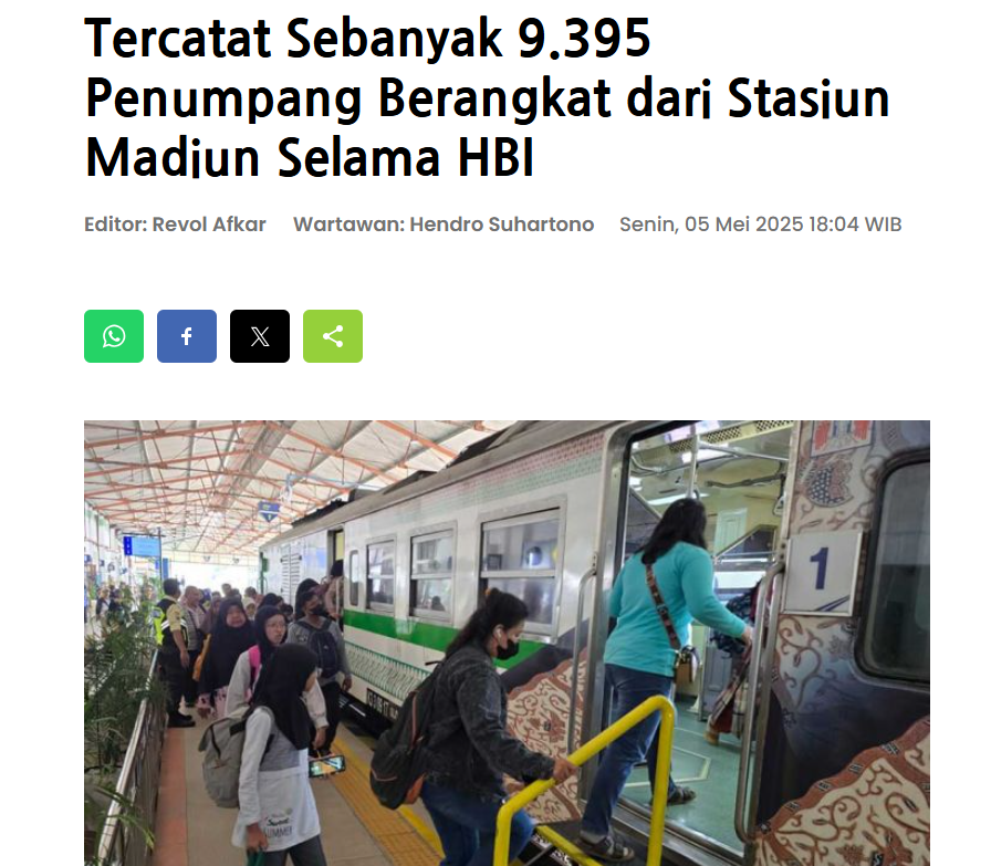 Tercatat Sebanyak 9.395 Penumpang Berangkat dari Stasiun Madiun Selama HBI
