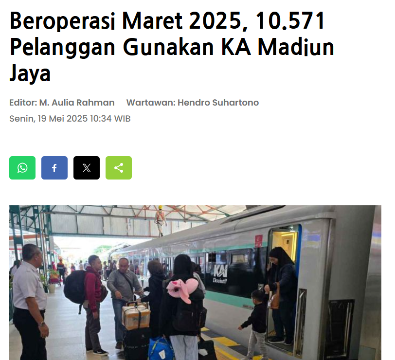 Beroperasi Maret 2025, 10.571 Pelanggan Gunakan KA Madiun Jaya