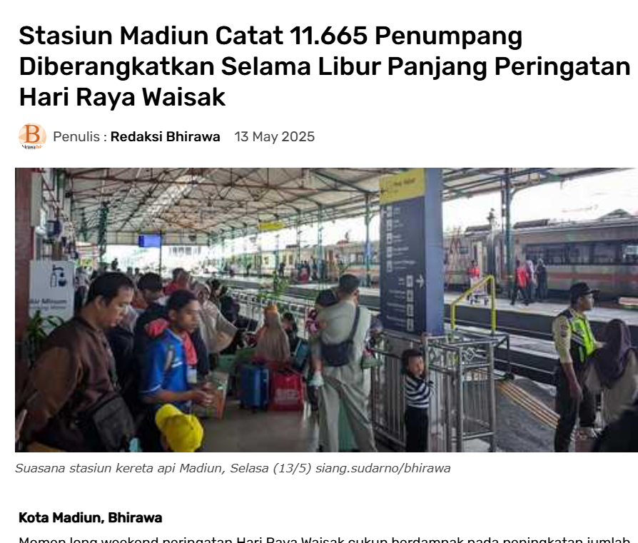 Stasiun Madiun Catat 11.665 Penumpang Diberangkatkan Selama Libur Panjang Peringatan Hari Raya Waisak