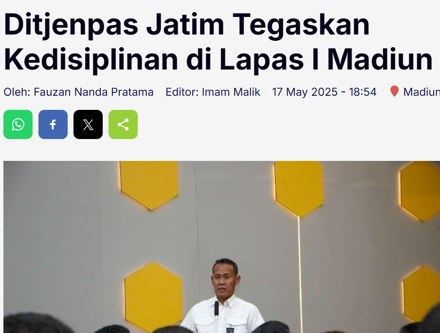 Ditjenpas Jatim Tegaskan Kedisiplinan di Lapas I Madiun