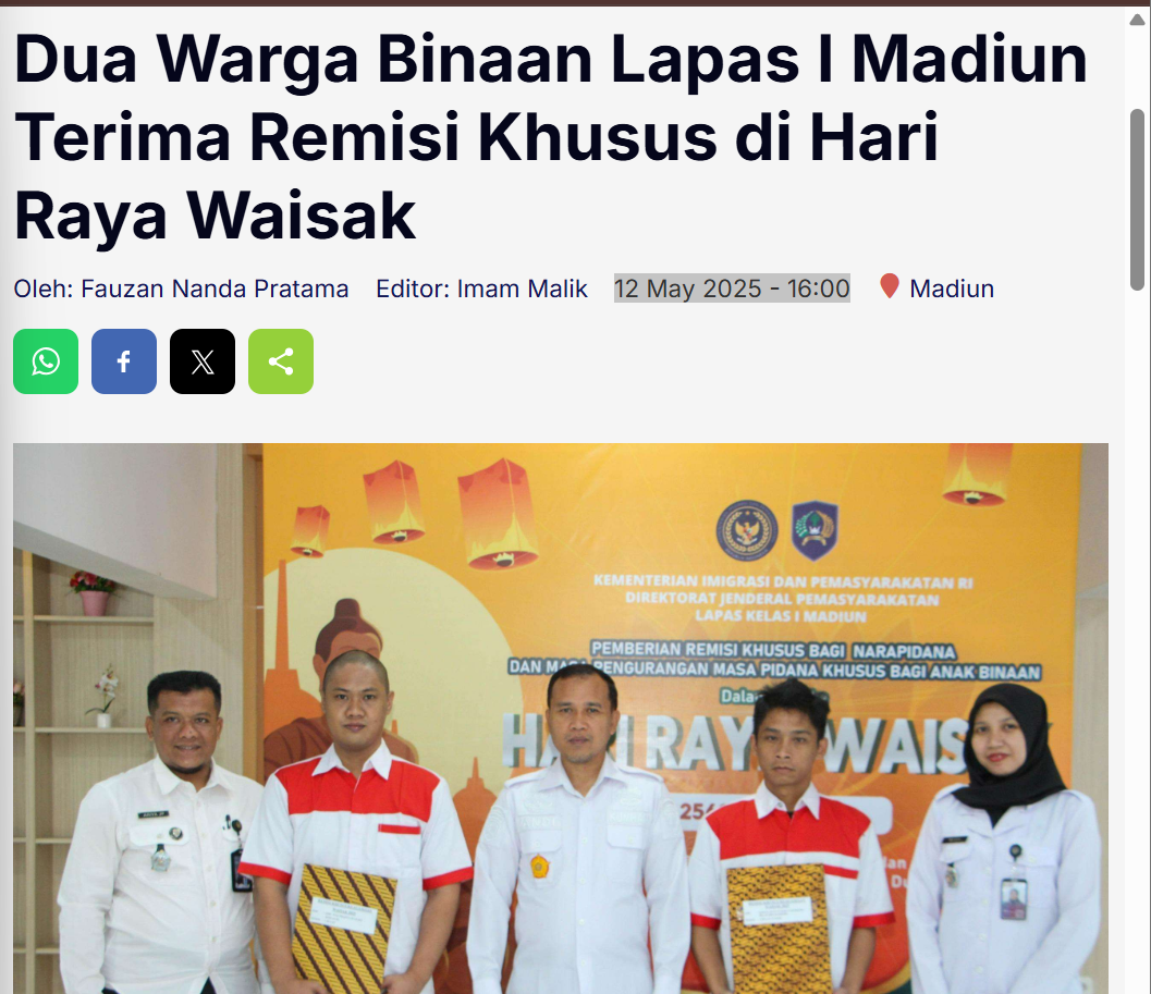 Dua Warga Binaan Lapas I Madiun Terima Remisi Khusus di Hari Raya Waisak