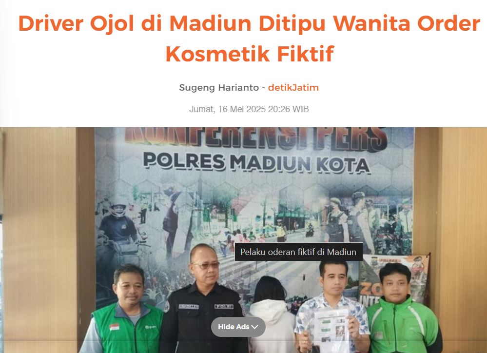 Driver Ojol di Madiun Ditipu Wanita Order Kosmetik Fiktif