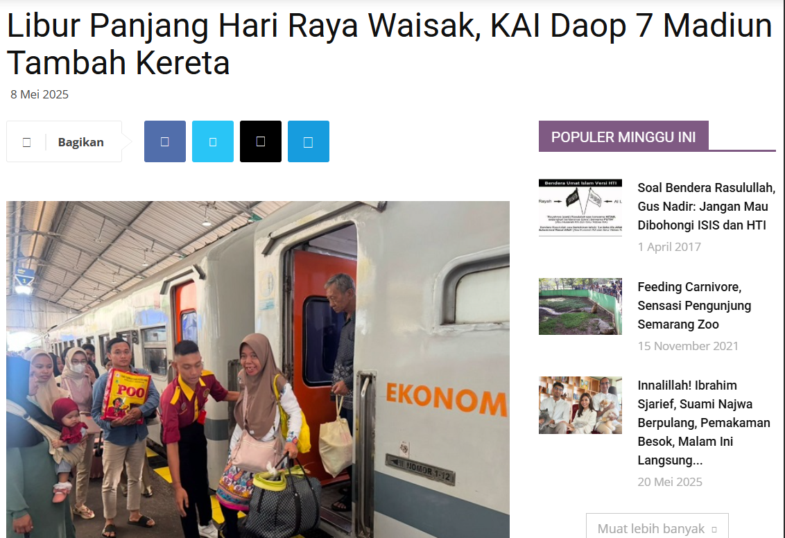 Libur Panjang Hari Raya Waisak, KAI Daop 7 Madiun Tambah Kereta