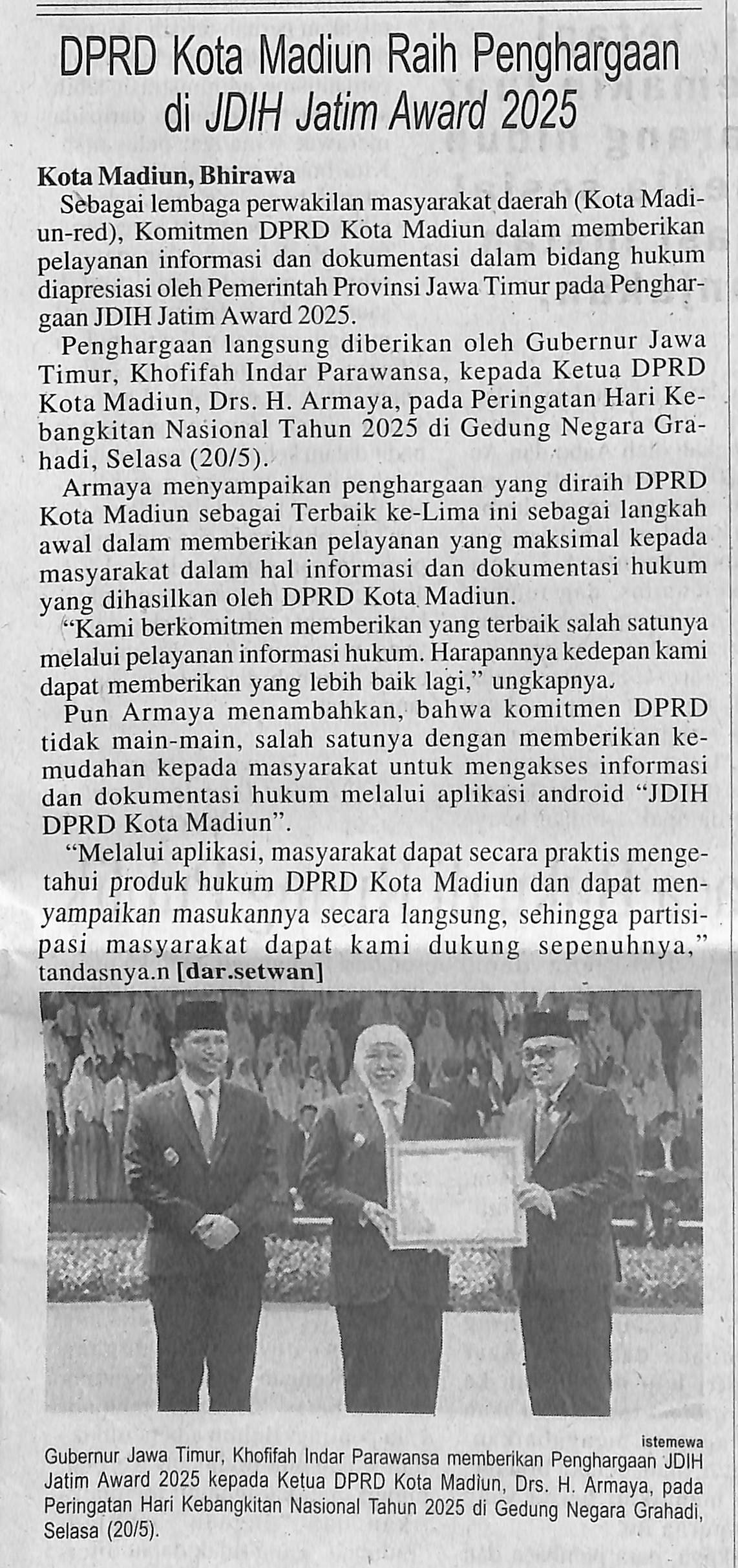 DPRD Kota Madiun Raih Penghargaan di JDIH Jatim Award 2025