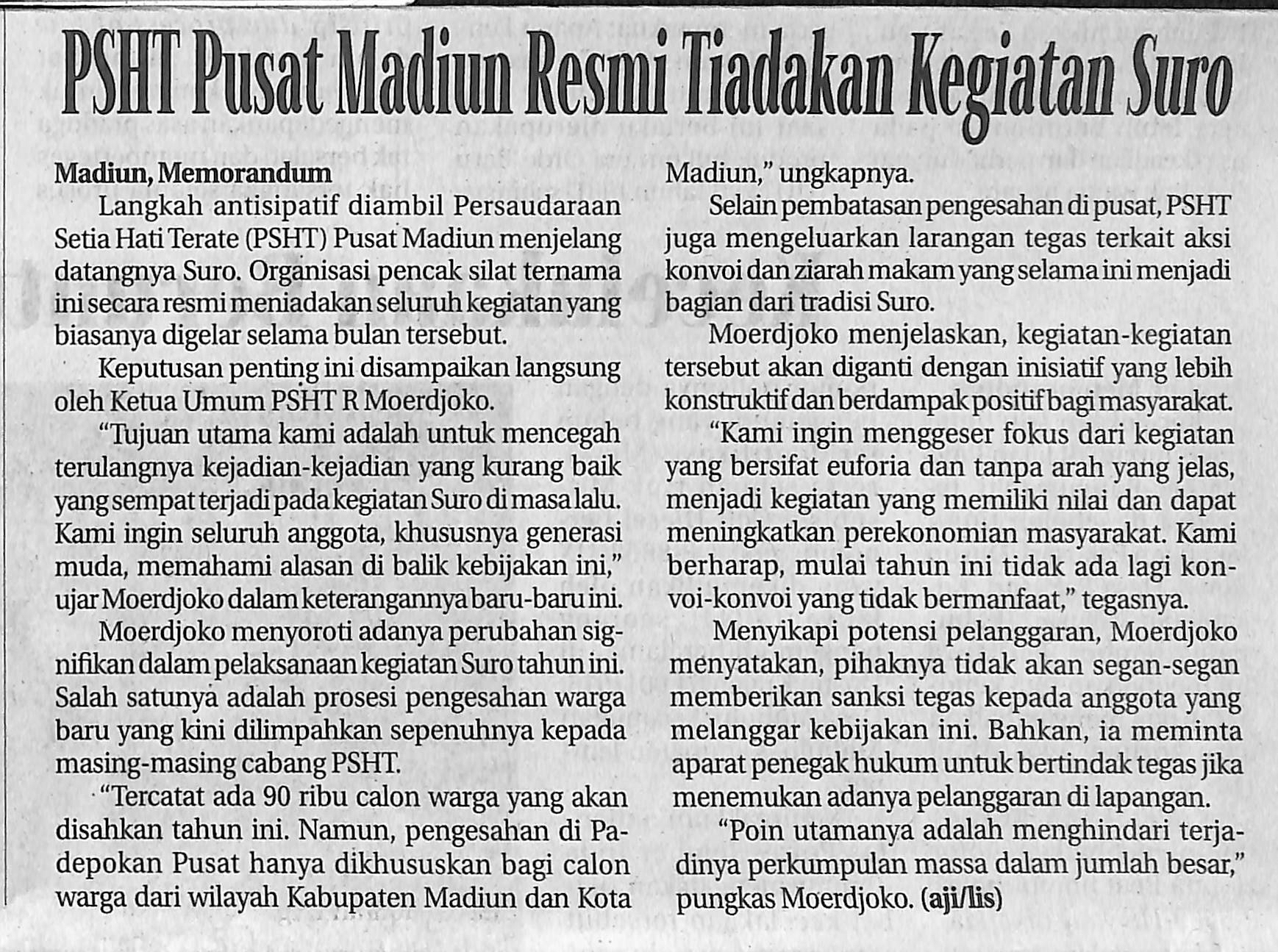 PSHT Pusat Madiun Resmi Tiadakan Kegiatan Suro