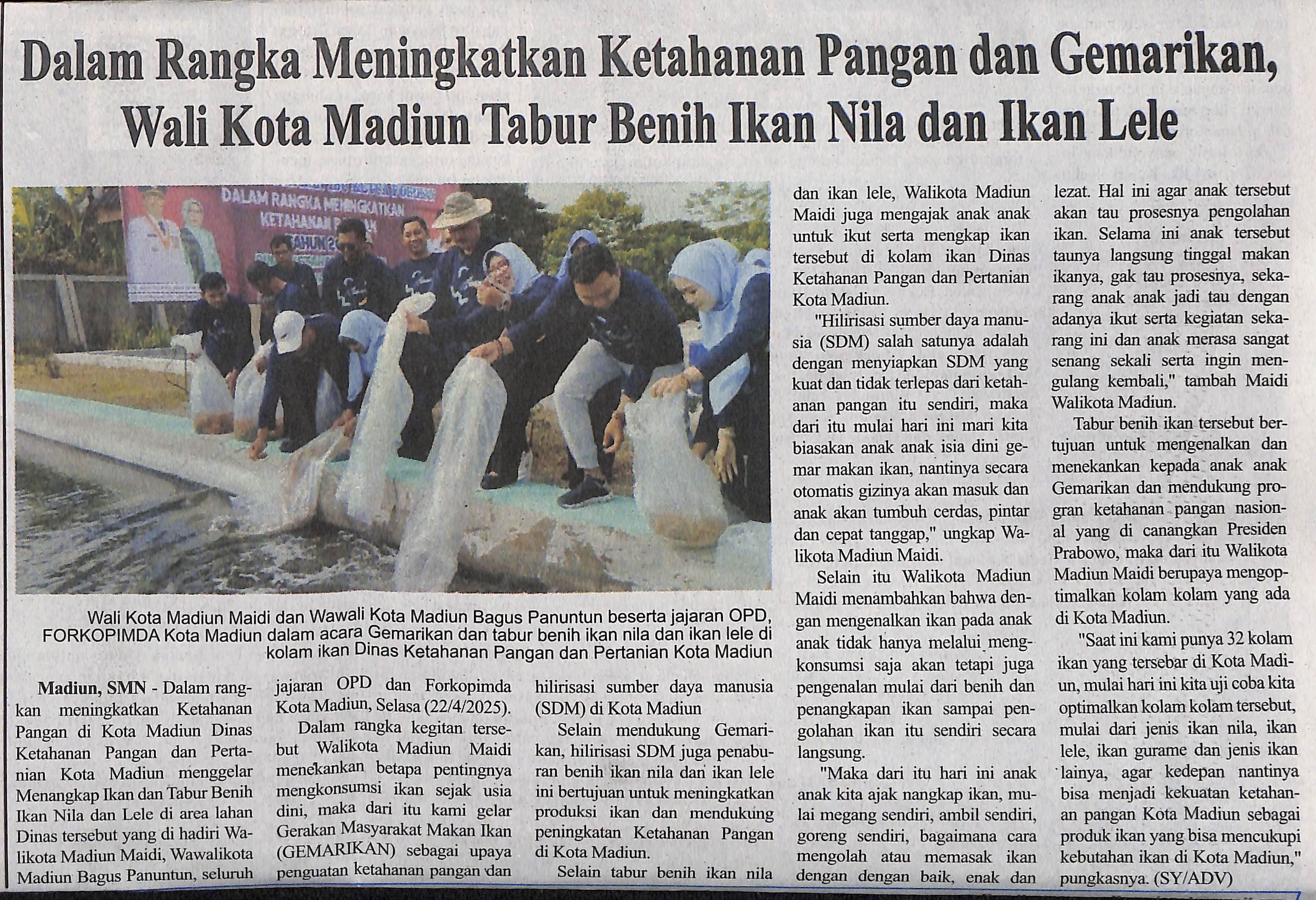 Dalam Rangka Meningkatkan Ketahanan Pangan dan Gemarikan, Wali Kota Madiun Tabur Benih Ikan Nila dan Ikan Lele