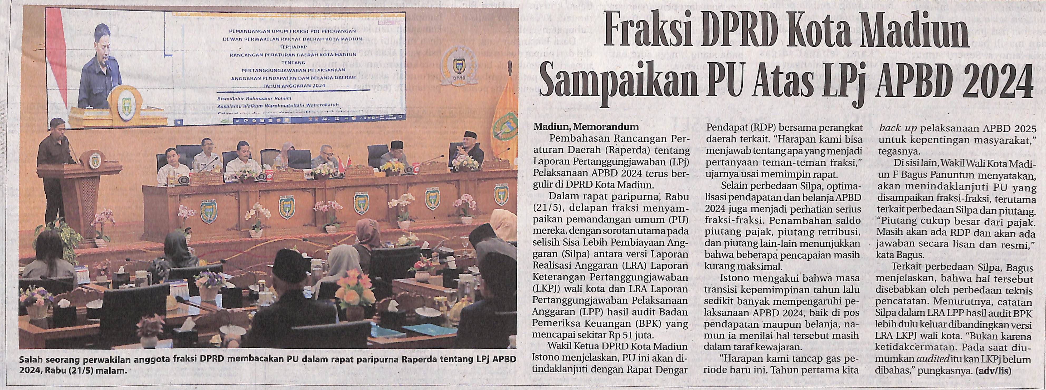 Fraksi DPRD Kota Madiun Sampaikan PU Atas LPj APBD 2024
