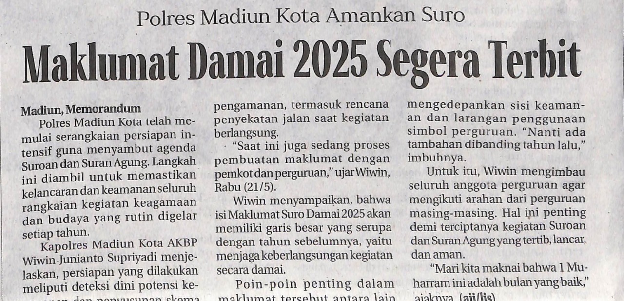 Polres Madiun Kota Amankan Suro Maklumat Damai 2025 Segera Terbit