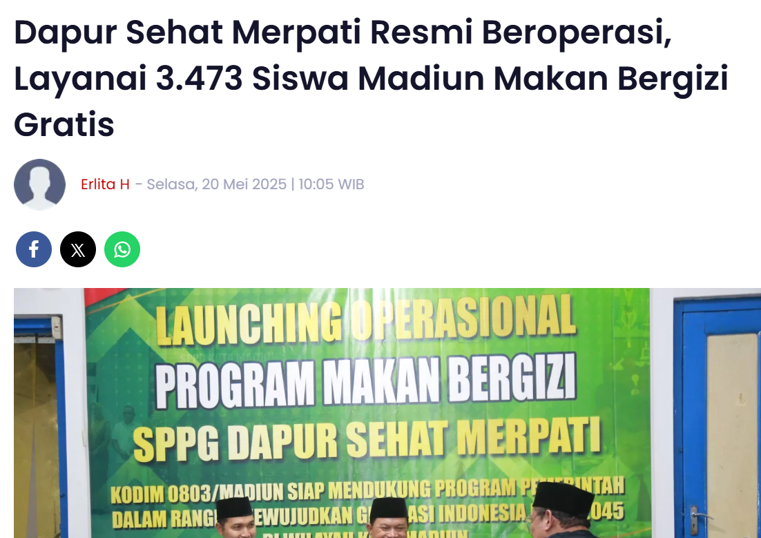 Dapur Sehat Merpati Resmi Beroperasi, Layanai 3.473 Siswa Madiun Makan Bergizi Gratis