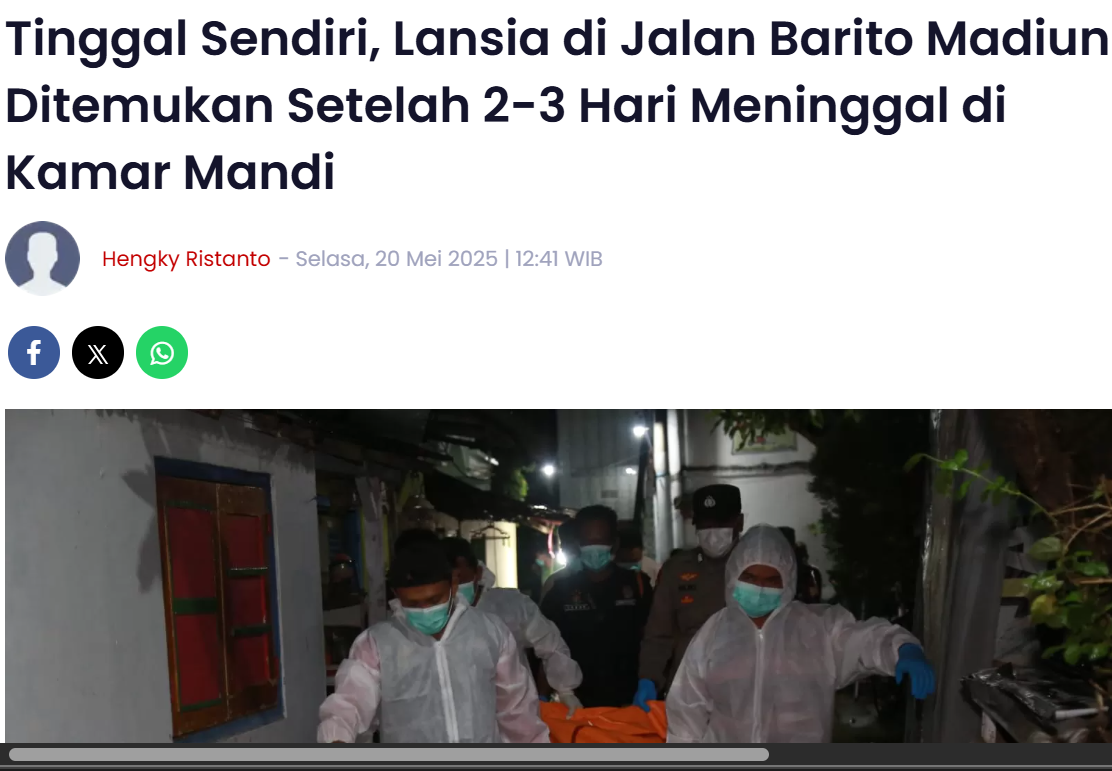 Tinggal Sendiri, Lansia di Jalan Barito Madiun Ditemukan Setelah 2-3 Hari Meninggal di Kamar Mandi