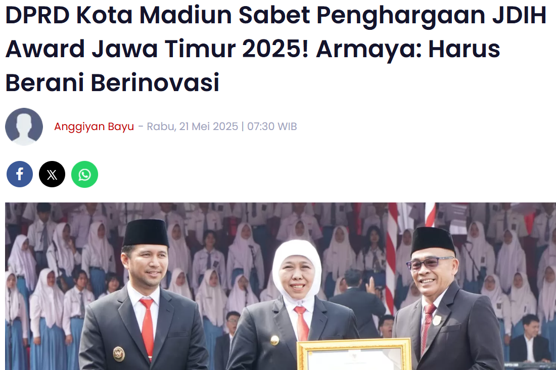 DPRD Kota Madiun Sabet Penghargaan JDIH Award Jawa Timur 2025, Armaya: Harus Berani Berinovasi