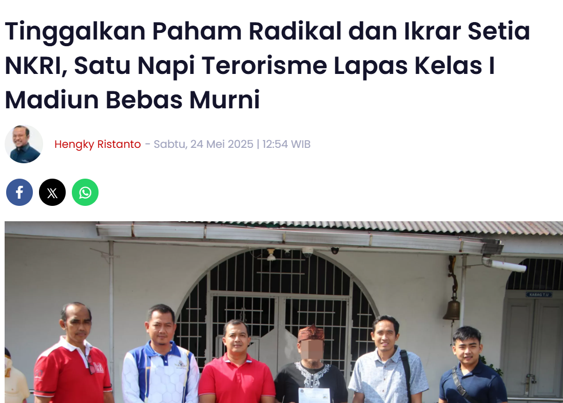 Tinggalkan Paham Radikal dan Ikrar Setia NKRI, Satu Napi Terorisme Lapas Kelas I Madiun Bebas Murni