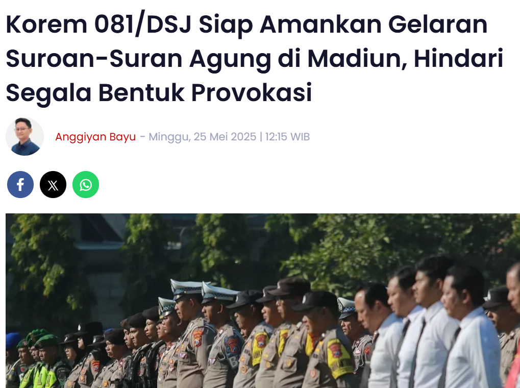 Korem 081/DSJ Siap Amankan Gelaran Suroan-Suran Agung di Madiun, Hindari Segala Bentuk Provokasi