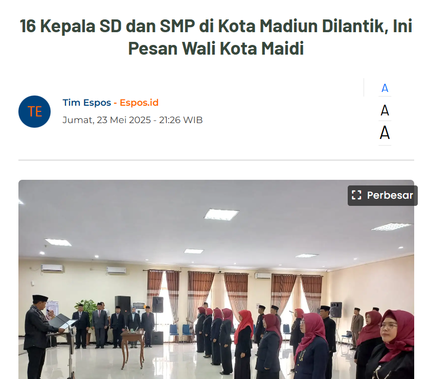 16 Kepala SD dan SMP di Kota Madiun Dilantik, Ini Pesan Wali Kota Maidi