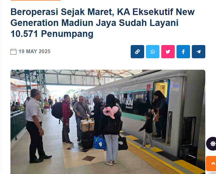 Beroperasi Sejak Maret, KA Eksekutif New Generation Madiun Jaya Sudah Layani 10.571 Penumpang