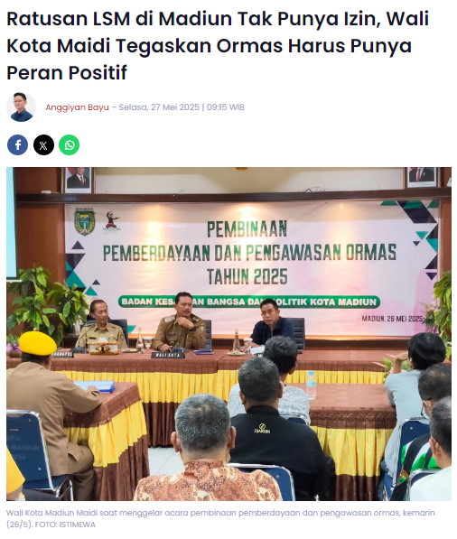 Ratusan LSM di Madiun Tak Punya Izin, Wali Kota Maidi Tegaskan Ormas Harus Punya Peran Positif