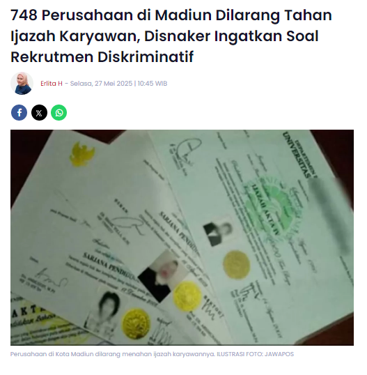 748 Perusahaan di Madiun Dilarang Tahan Ijazah Karyawan, Disnaker Ingatkan Soal Rekrutmen Diskriminatif
