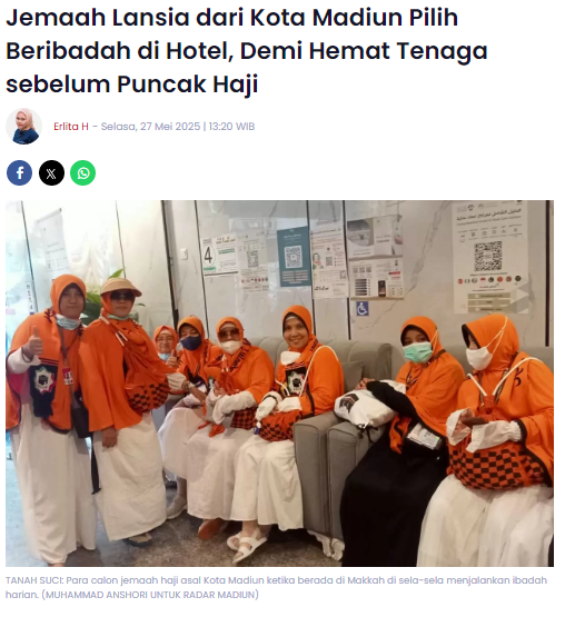 Jemaah Lansia dari Kota Madiun Pilih Beribadah di Hotel, Demi Hemat Tenaga sebelum Puncak Haji