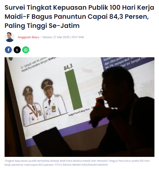 Survei Tingkat Kepuasan Publik 100 Hari Kerja Maidi-F Bagus Panuntun Capai 84,3 Persen, Paling Tinggi Se-Jatim