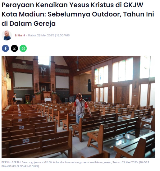 Perayaan Kenaikan Yesus Kristus di GKJW Kota Madiun: Sebelumnya Outdoor, Tahun Ini di Dalam Gereja