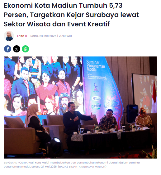 Ekonomi Kota Madiun Tumbuh 5,73 Persen, Targetkan Kejar Surabaya lewat Sektor Wisata dan Event Kreatif