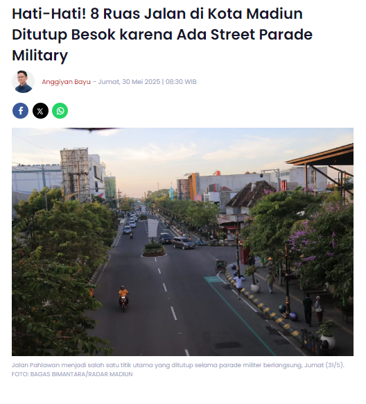 Hati-Hati, 8 Ruas Jalan di Kota Madiun Ditutup Besok karena Ada Street Parade Military
