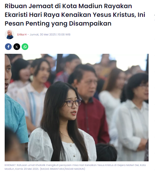 Ribuan Jemaat di Kota Madiun Rayakan Ekaristi Hari Raya Kenaikan Yesus Kristus, Ini Pesan Penting yang Disampaikan