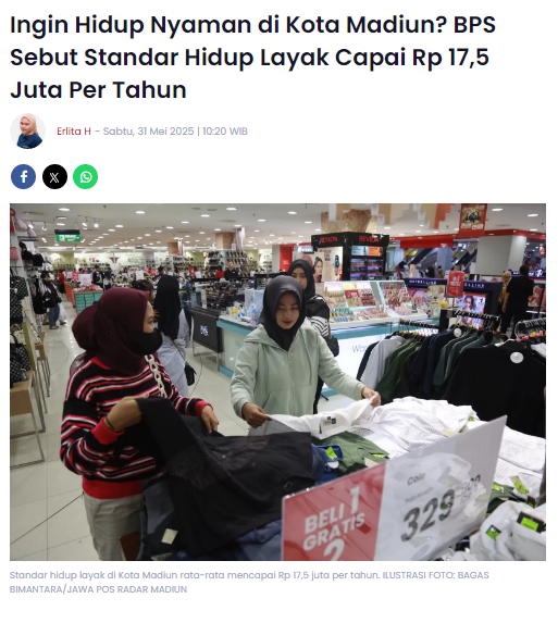Ingin Hidup Nyaman di Kota Madiun, BPS Sebut Standar Hidup Layak Capai Rp 17,5 Juta Per Tahun