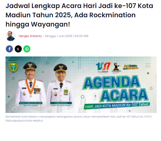 Jadwal Lengkap Acara Hari Jadi ke-107 Kota Madiun Tahun 2025, Ada Rockmination hingga Wayangan