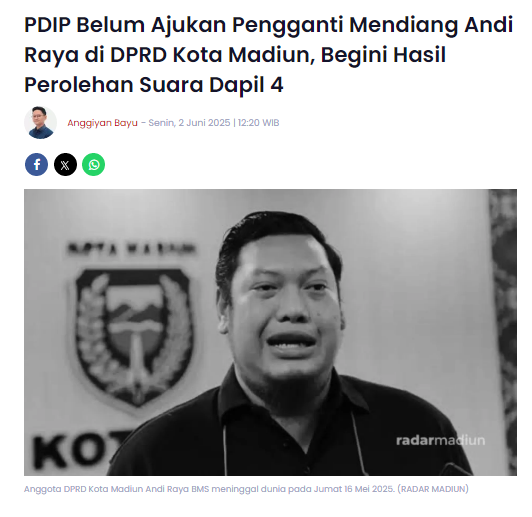 PDIP Belum Ajukan Pengganti Mendiang Andi Raya di DPRD Kota Madiun, Begini Hasil Perolehan Suara Dapil 4