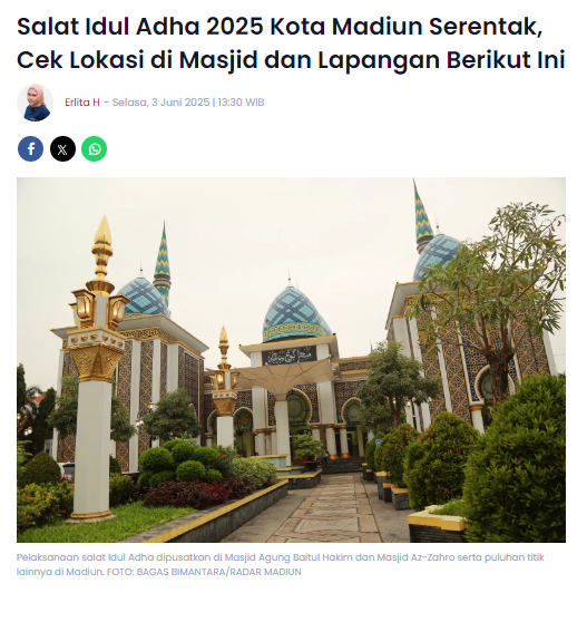 Salat Idul Adha 2025 Kota Madiun Serentak, Cek Lokasi di Masjid dan Lapangan Berikut Ini