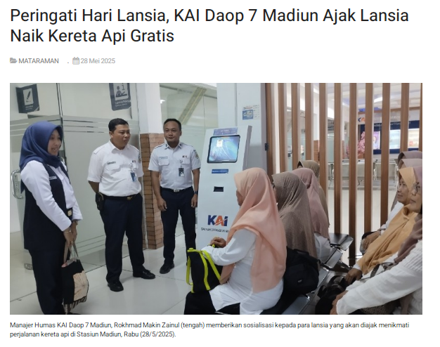 Peringati Hari Lansia, KAI Daop 7 Madiun Ajak Lansia Naik Kereta Api Gratis