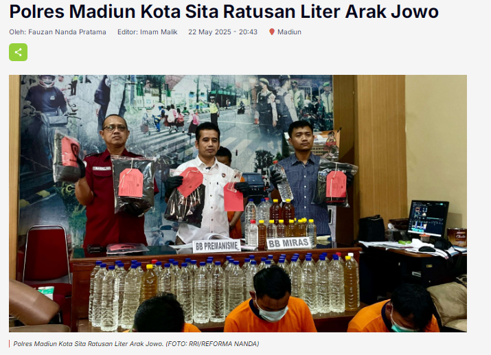 Polres Madiun Kota Sita Ratusan Liter Arak Jowo