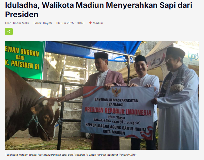 Iduladha, Walikota Madiun Menyerahkan Sapi dari Presiden