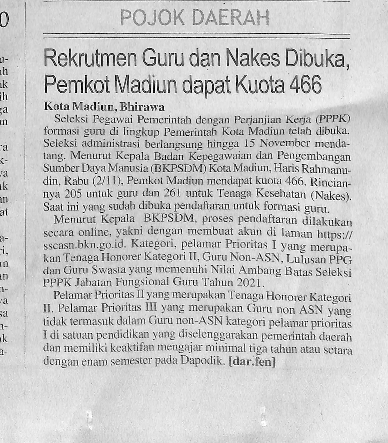 Rekruitmen Guru dan Nakes Dibuka, Pemkot Madiun Dapat Kuota 466