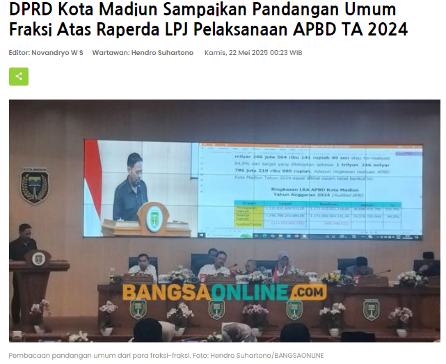 DPRD Kota Madiun Sampaikan Pandangan Umum Fraksi Atas Raperda LPJ Pelaksanaan APBD TA 2024