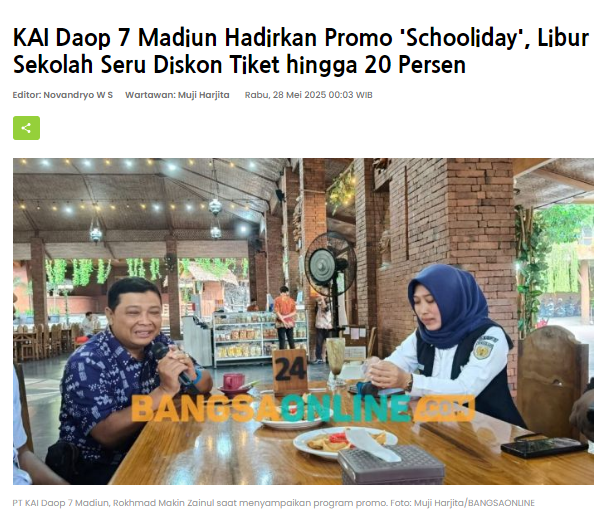 KAI Daop 7 Madiun Hadirkan Promo Schooliday, Libur Sekolah Seru Diskon Tiket hingga 20 Persen
